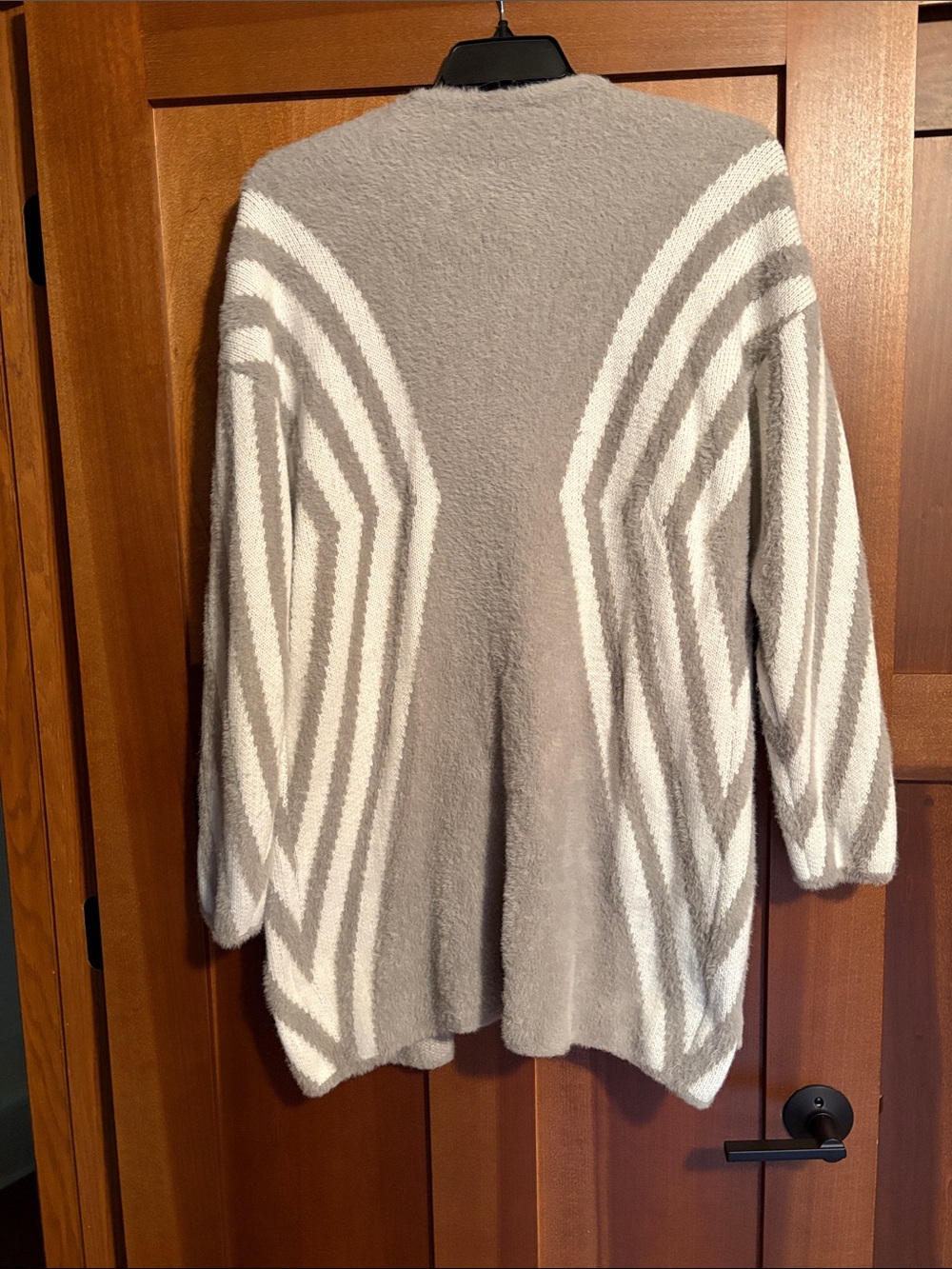 Cozy Women's Gray and White Striped Plush Sweater
